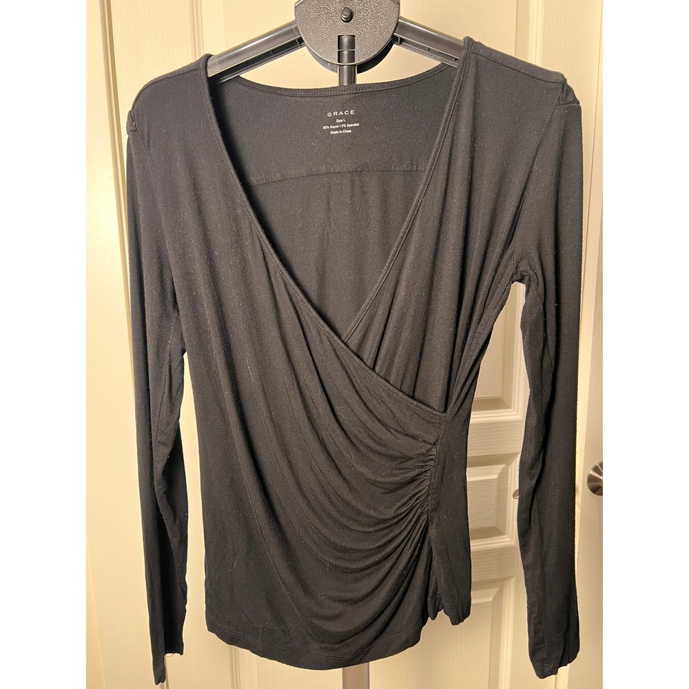 Y2K Black Ruched Wrap Top Long Sleeve Deep V Neck Draped Asymmetrical Soft Goth